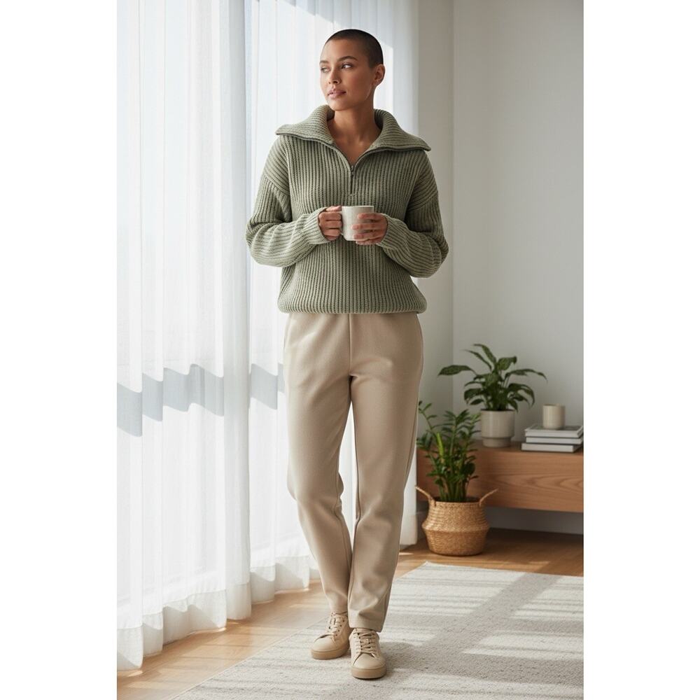 Poof Apparel Sage Green Sweater Sz M Chenille 1/4 Zip Soft Chunky Fold Collar